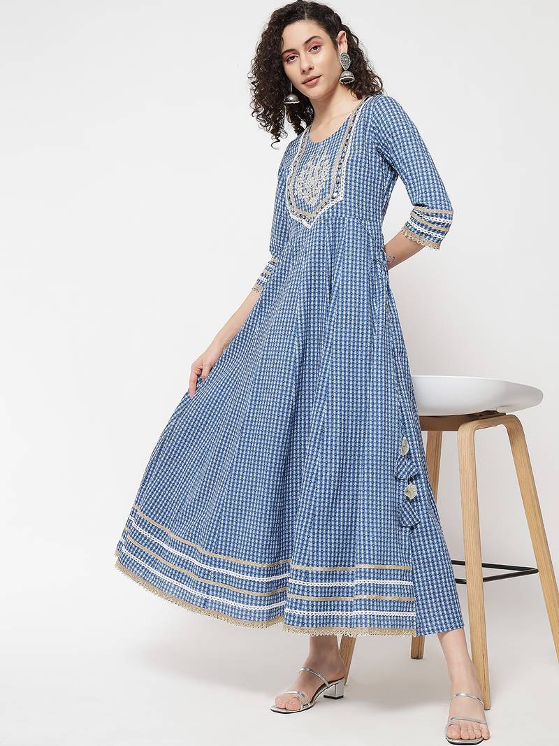Blue ethnic motif printed with embroidered work cotton anarkali kurta