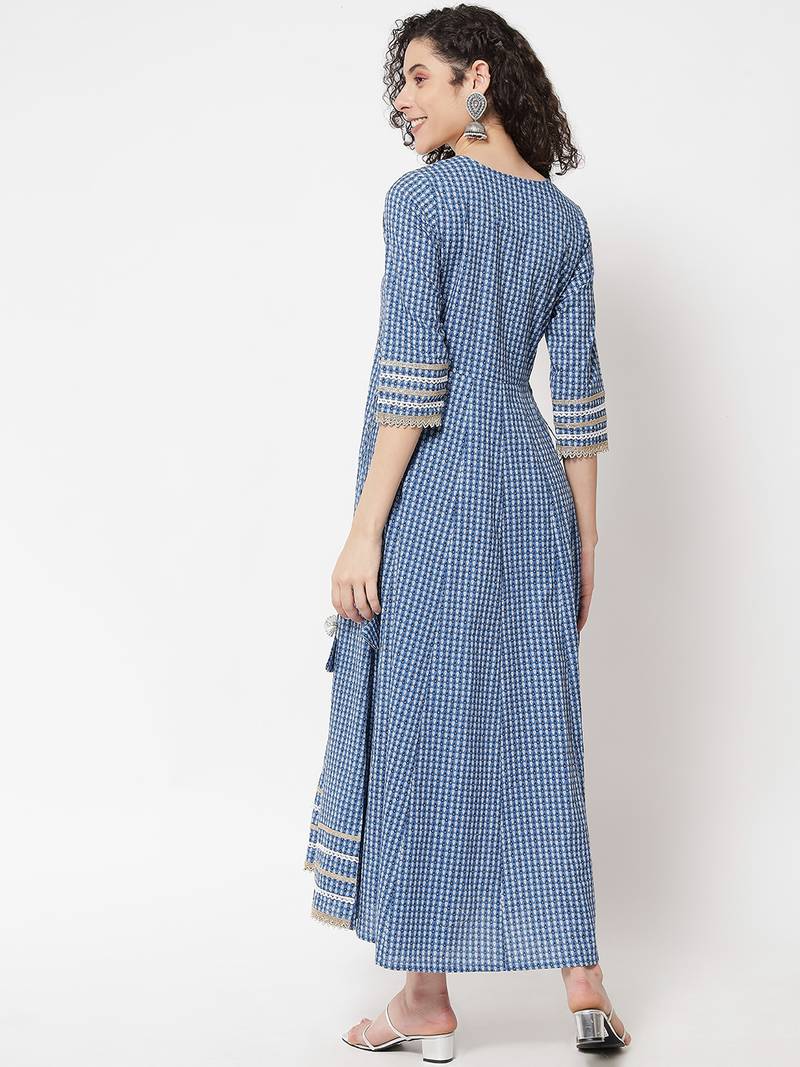 Blue ethnic motif printed with embroidered work cotton anarkali kurta