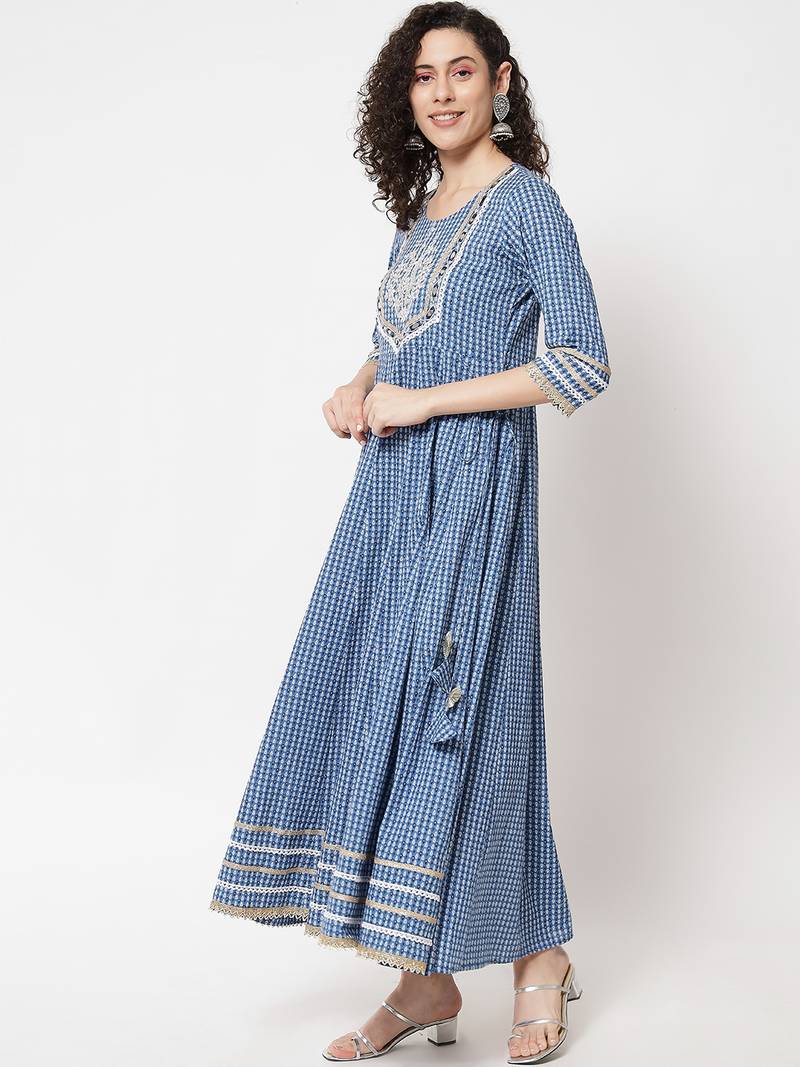 Blue ethnic motif printed with embroidered work cotton anarkali kurta