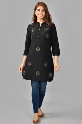 Black printed work rayon straight short kurti 1