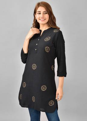 Black printed work rayon straight short kurti 2