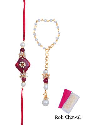Handmade kundan red stone rakhi for brother,combo pearl collection couple pair rakhi set 1