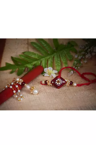 Handmade kundan red stone rakhi for brother,combo pearl collection couple pair rakhi set