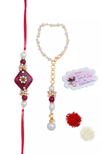 Handmade kundan red stone rakhi for brother,combo pearl collection couple pair rakhi set