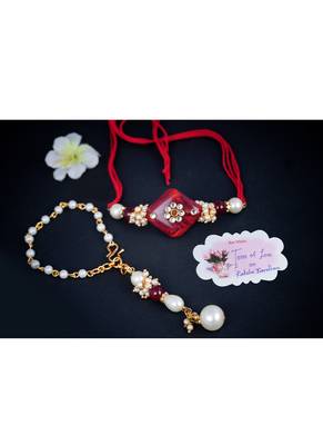 Handmade kundan red stone rakhi for brother,combo pearl collection couple pair rakhi set 4