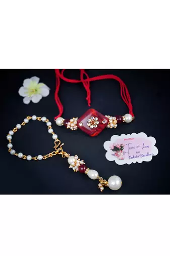 Handmade kundan red stone rakhi for brother,combo pearl collection couple pair rakhi set