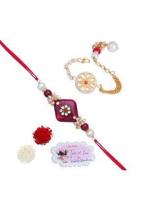 Handmade kundan red stone rakhi combo kundan white stone collection couple pair 1