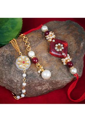 Handmade kundan red stone rakhi combo kundan white stone collection couple pair 2