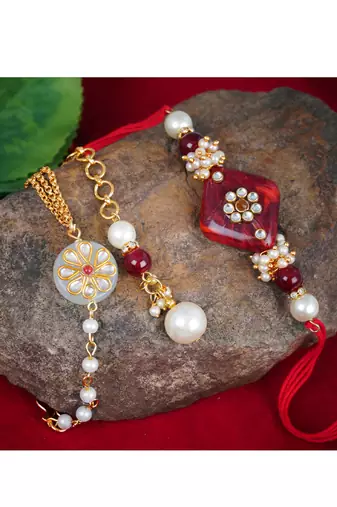Handmade kundan red stone rakhi combo kundan white stone collection couple pair