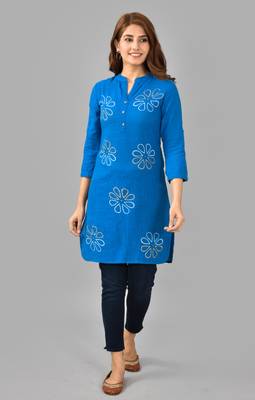 Blue printed work rayon straight short kurti 1