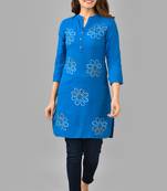 Blue printed work rayon straight short kurti