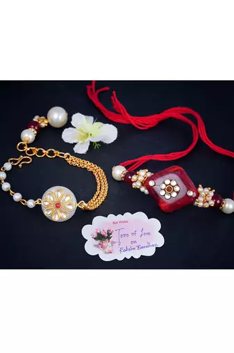 Handmade kundan red stone rakhi combo kundan white stone collection couple pair