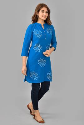 Blue printed work rayon straight short kurti 2