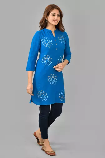 Blue printed work rayon straight short kurti