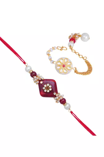 Handmade kundan red stone rakhi combo kundan white stone collection couple pair