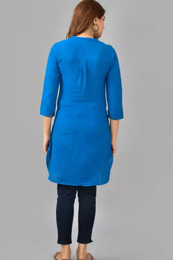 Blue printed work rayon straight short kurti