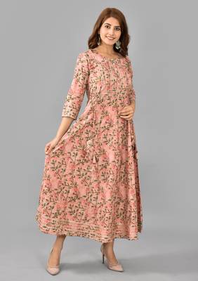 Pink floral printed with lace work rayon anarkali kurta 2