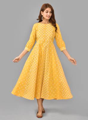 Yellow ethnic motif printed work rayon anarkali kurta 1