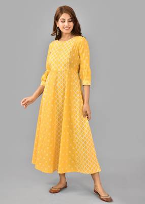 Yellow ethnic motif printed work rayon anarkali kurta 2