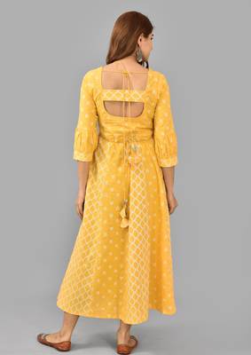 Yellow ethnic motif printed work rayon anarkali kurta 3