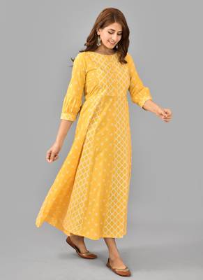 Yellow ethnic motif printed work rayon anarkali kurta 4