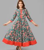 Green floral printed work cotton anarkali kurta