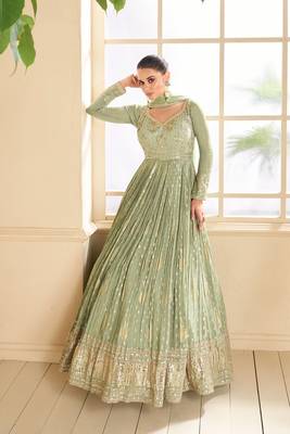 Green Embroidered Art Silk Free Size Stitched Gown. (Size Upto 42) Up To 42" Size 1