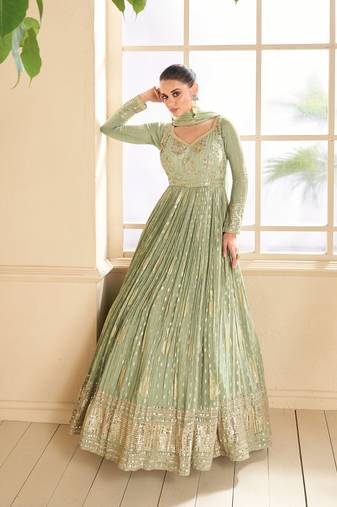 Green Embroidered Art Silk Free Size Stitched Gown. (Size Upto 42) Up To 42" Size
