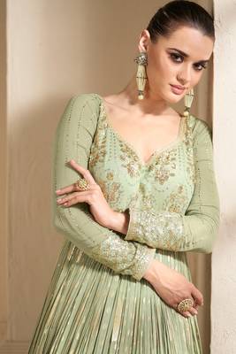 Green Embroidered Art Silk Free Size Stitched Gown. (Size Upto 42) Up To 42" Size 2