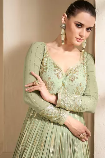 Green Embroidered Art Silk Free Size Stitched Gown. (Size Upto 42) Up To 42" Size