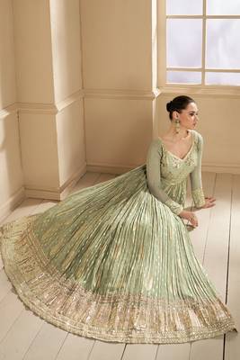 Green Embroidered Art Silk Free Size Stitched Gown. (Size Upto 42) Up To 42" Size 3