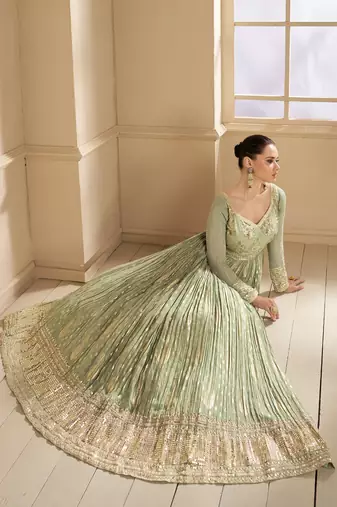 Green Embroidered Art Silk Free Size Stitched Gown. (Size Upto 42) Up To 42" Size