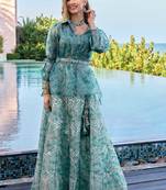 Blue Digital Print Art Silk Free Size Stitched Anarkali  Suit. (Size Upto 42) Free size full stitched Up To 42" Size