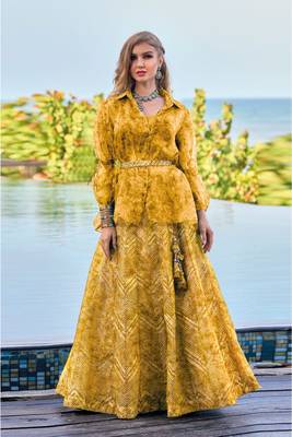 Yellow Digital Print Art Silk Free Size Stitched Anarkali  Suit. (Size Upto 42) Free size full stitched Up To 42" Size 1