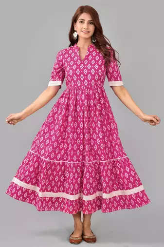 Pink geometric printed work rayon anarkali kurta