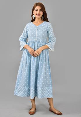 Sky blue ethnic motif printed work rayon anarkali kurta 1