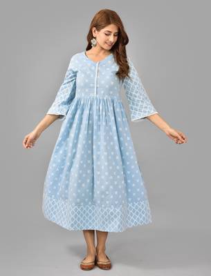 Sky blue ethnic motif printed work rayon anarkali kurta 2