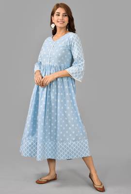 Sky blue ethnic motif printed work rayon anarkali kurta 4