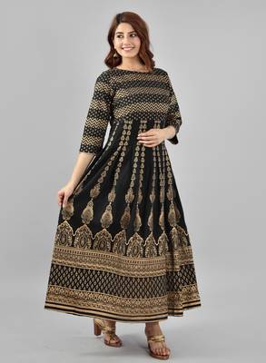Black zig zag printed work rayon anarkali kurta 4