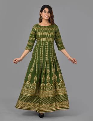 Green zig-zag printed work rayon anarkali kurta 1