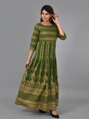 Green zig-zag printed work rayon anarkali kurta 2