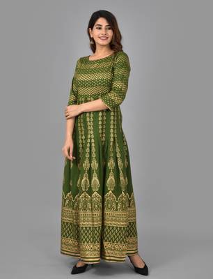 Green zig-zag printed work rayon anarkali kurta 4