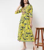 Yellow floral printed with embroidered work rayon anarkali kurta