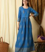 Blue floral printed work rayon anarkali kurta