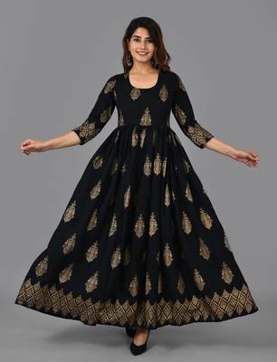 Black floral printed work rayon anarkali kurta 1