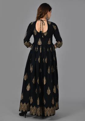Black floral printed work rayon anarkali kurta 2