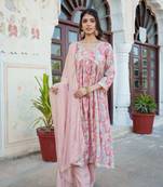 Women peach muslin embroidered kurta  pant & dupatta set