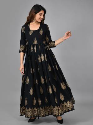 Black floral printed work rayon anarkali kurta 3