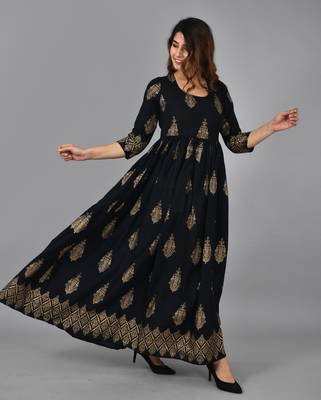 Black floral printed work rayon anarkali kurta 4