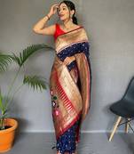 Navy Blue Color Paithani silk blend Saree With Paithani Rich Weaved Pallu And Contrast Blouse